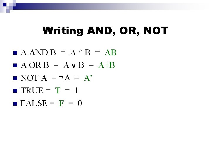 Writing AND, OR, NOT A AND B = A ^ B = AB A