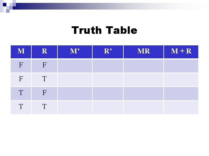 Truth Table M R F F F T T M’ R’ MR M+R 