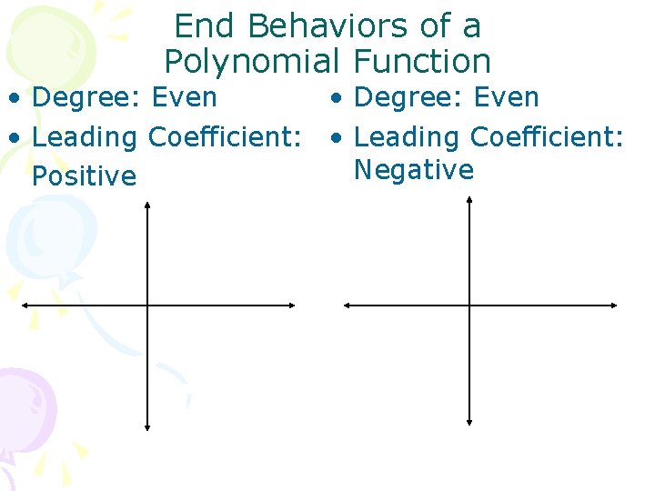 End Behaviors of a Polynomial Function • Degree: Even • Leading Coefficient: Negative Positive
