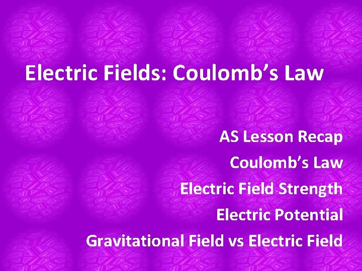 Electric Fields: Coulomb’s Law AS Lesson Recap Coulomb’s Law Electric Field Strength Electric Potential