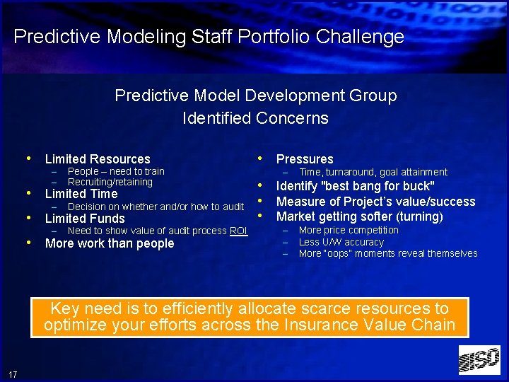 Predictive Modeling Staff Portfolio Challenge Predictive Model Development Group Identified Concerns • Limited Resources