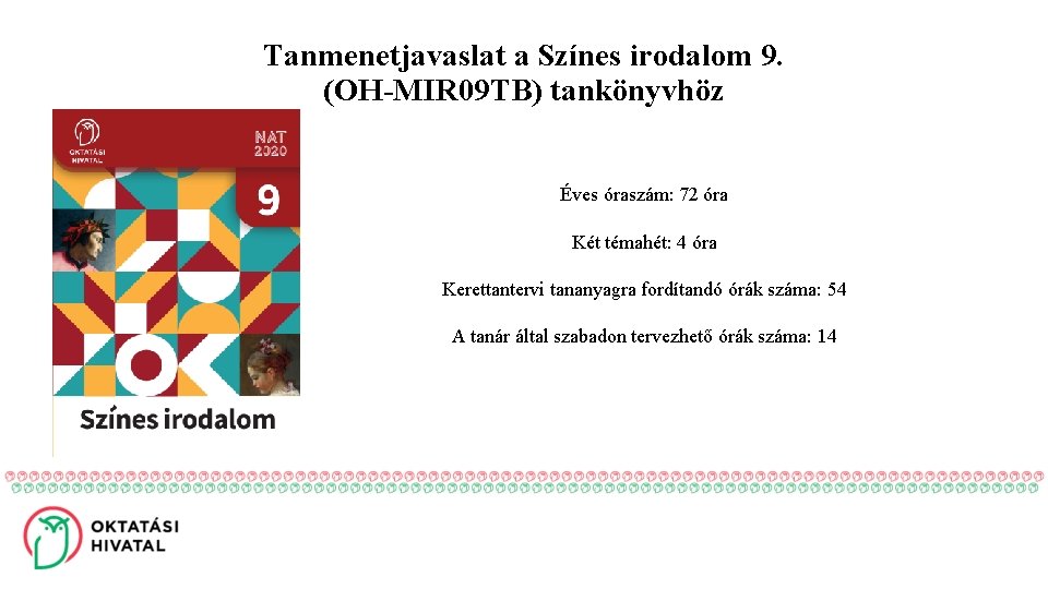 Tanmenetjavaslat a Színes irodalom 9. (OH-MIR 09 TB) tankönyvhöz Szöveg… Éves óraszám: 72 óra