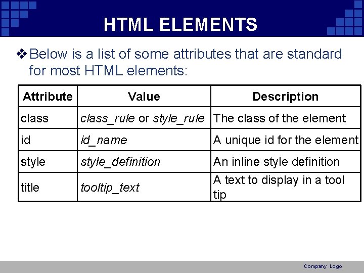 HTML ELEMENTS v Below is a list of some attributes that are standard for