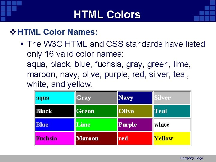 HTML Colors v HTML Color Names: § The W 3 C HTML and CSS