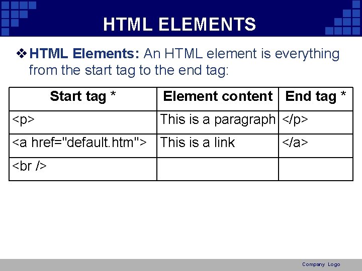 HTML ELEMENTS v HTML Elements: An HTML element is everything from the start tag