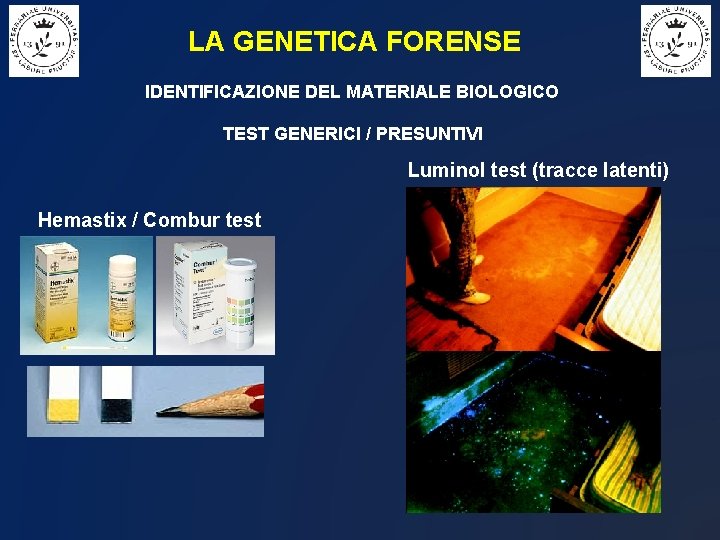 LA GENETICA FORENSE IDENTIFICAZIONE DEL MATERIALE BIOLOGICO TEST GENERICI / PRESUNTIVI Luminol test (tracce