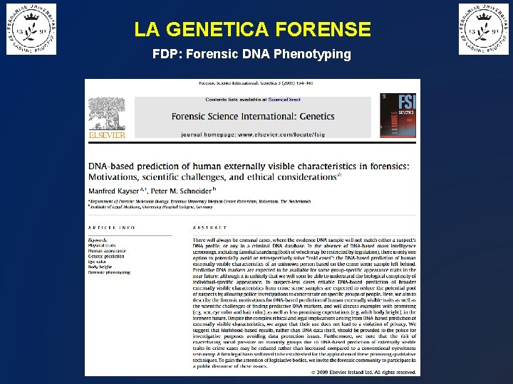 LA GENETICA FORENSE FDP: Forensic DNA Phenotyping 
