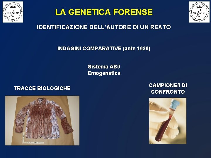 LA GENETICA FORENSE IDENTIFICAZIONE DELL’AUTORE DI UN REATO INDAGINI COMPARATIVE (ante 1980) Sistema AB