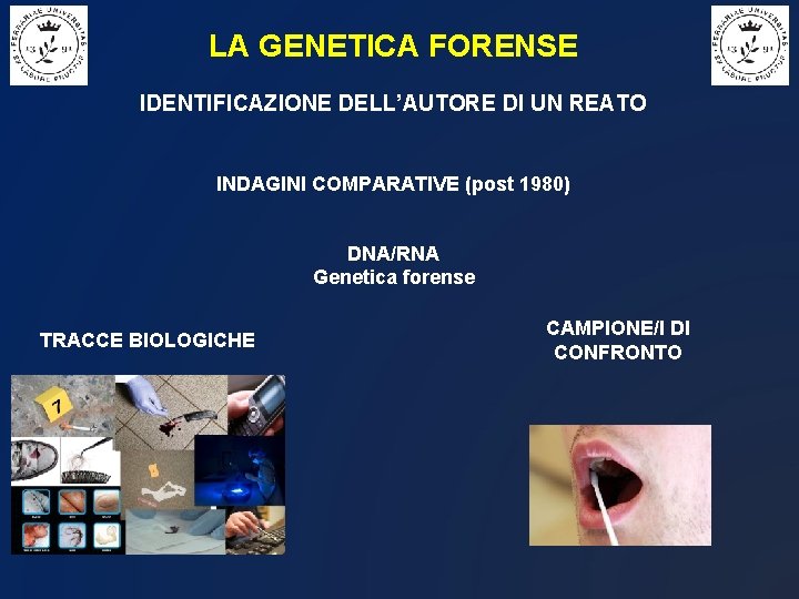 LA GENETICA FORENSE IDENTIFICAZIONE DELL’AUTORE DI UN REATO INDAGINI COMPARATIVE (post 1980) DNA/RNA Genetica