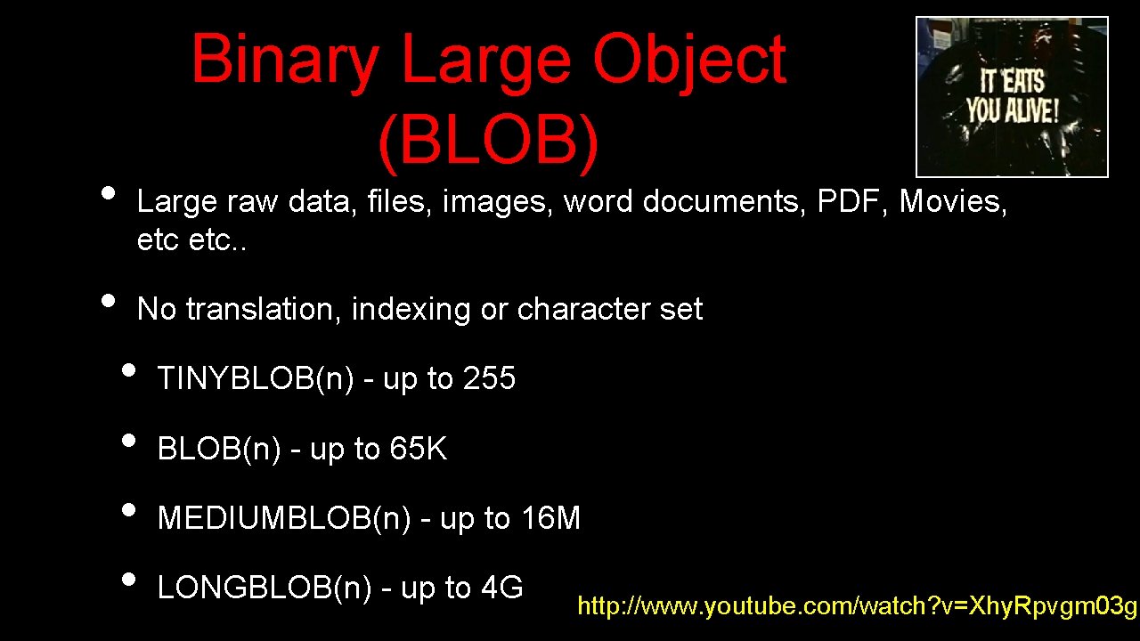  • • Binary Large Object (BLOB) Large raw data, files, images, word documents,