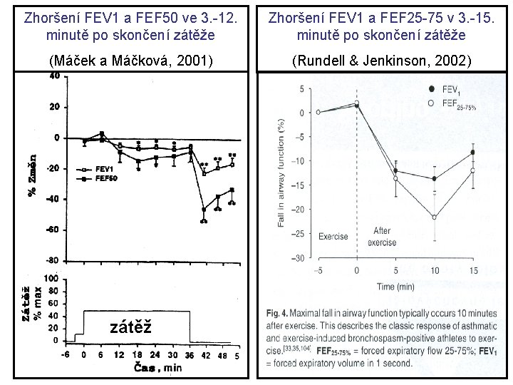Zhoršení FEV 1 a FEF 50 ve 3. -12. minutě po skončení zátěže Zhoršení