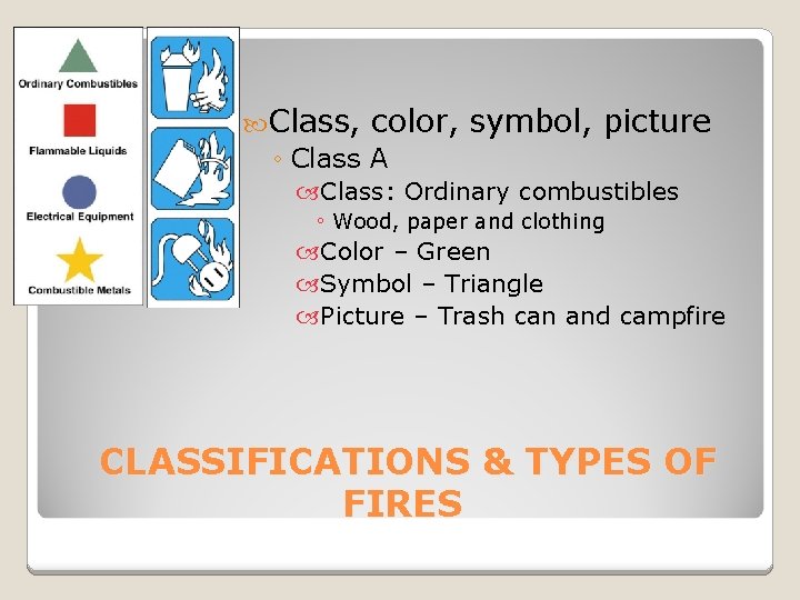  Class, color, symbol, picture ◦ Class A Class: Ordinary combustibles ◦ Wood, paper