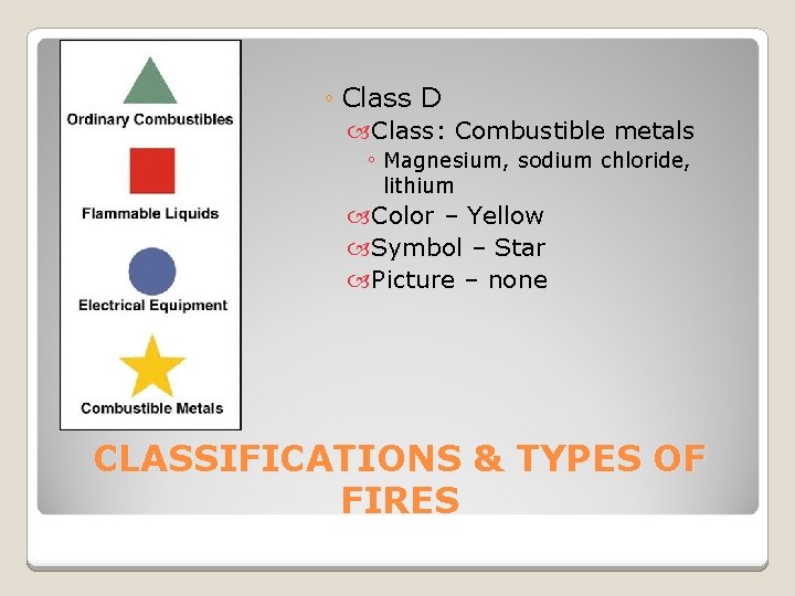 ◦ Class D Class: Combustible metals ◦ Magnesium, sodium chloride, lithium Color – Yellow