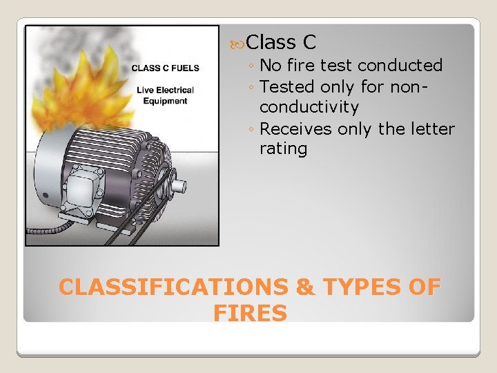  Class C ◦ No fire test conducted ◦ Tested only for nonconductivity ◦