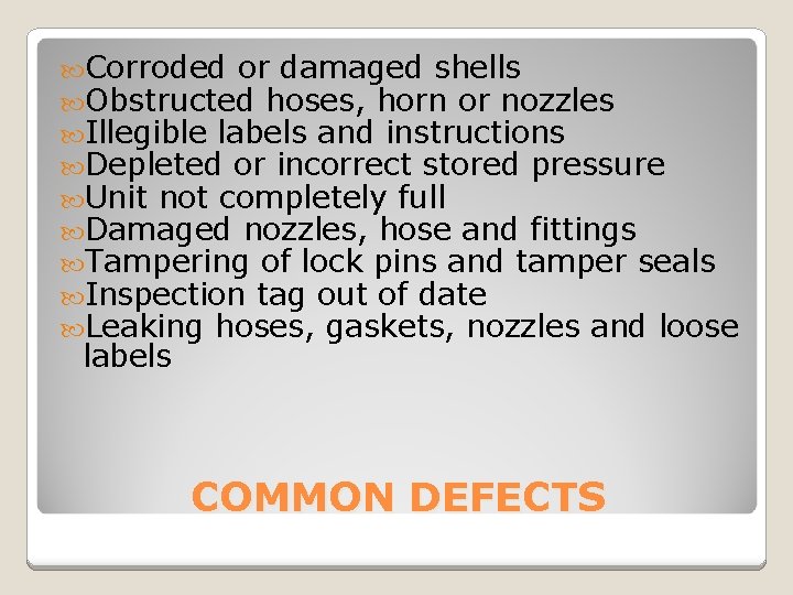  Corroded or damaged shells Obstructed hoses, horn or nozzles Illegible labels and instructions