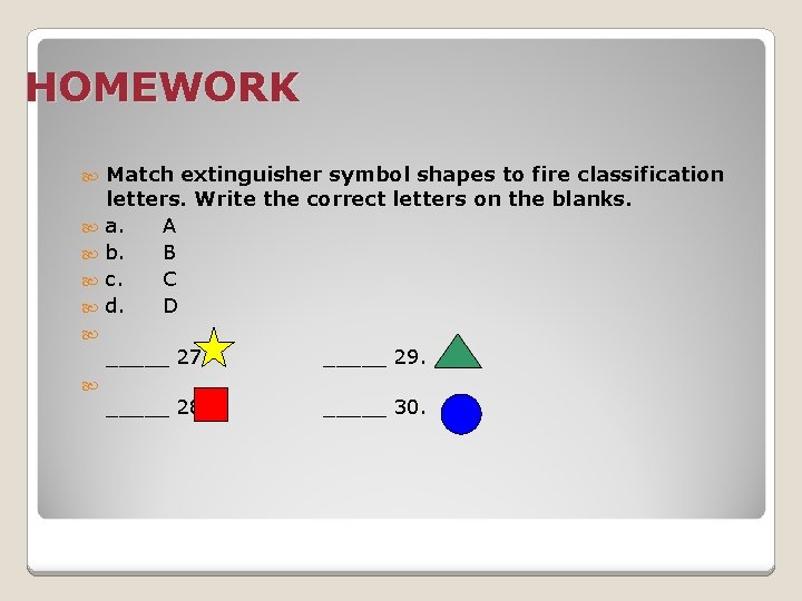 HOMEWORK Match extinguisher symbol shapes to fire classification letters. Write the correct letters on