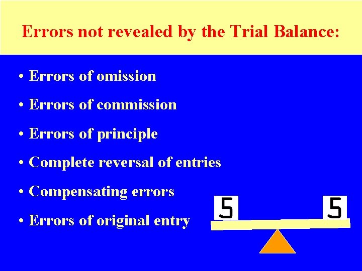 Errors not revealed by the Trial Balance: • Errors of omission • Errors of
