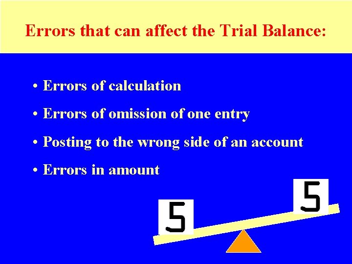 Errors that can affect the Trial Balance: • Errors of calculation • Errors of