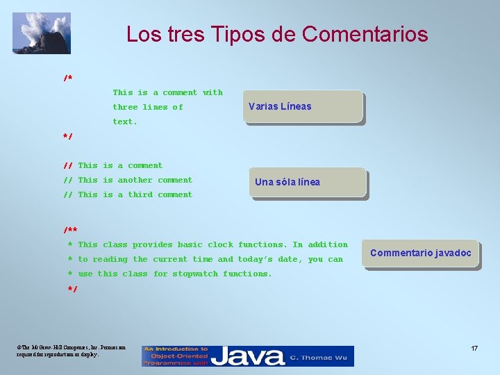 Los tres Tipos de Comentarios /* This is a comment with three lines of