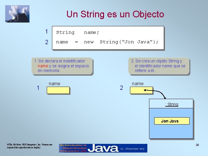 Un String es un Objecto 1 String name; 2 name new = String(“Jon Java”);