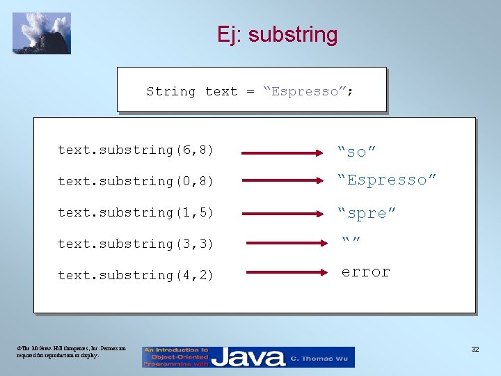 Ej: substring String text = “Espresso”; text. substring(6, 8) “so” text. substring(0, 8) “Espresso”