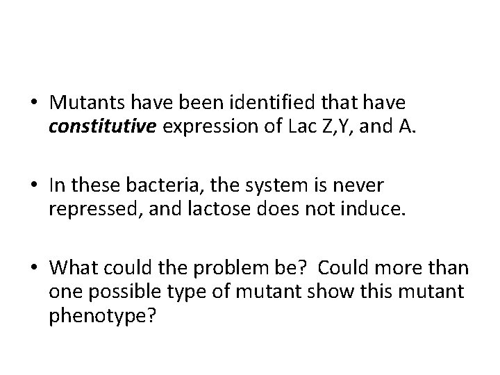  • Mutants have been identified that have constitutive expression of Lac Z, Y,