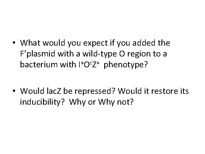  • What would you expect if you added the F’plasmid with a wild-type