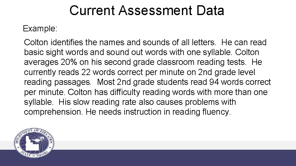 Current Assessment Data Example: Colton identifies the names and sounds of all letters. He