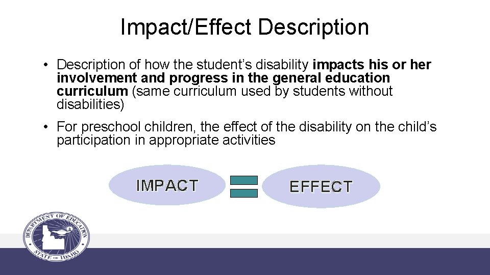 Impact/Effect Description • Description of how the student’s disability impacts his or her involvement