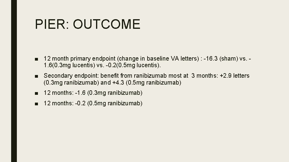 PIER: OUTCOME ■ 12 month primary endpoint (change in baseline VA letters) : -16.