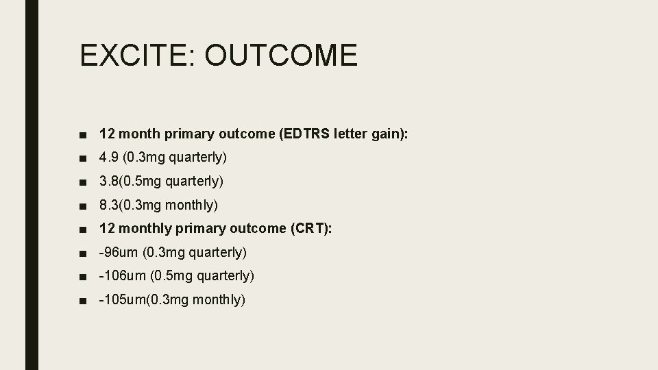 EXCITE: OUTCOME ■ 12 month primary outcome (EDTRS letter gain): ■ 4. 9 (0.