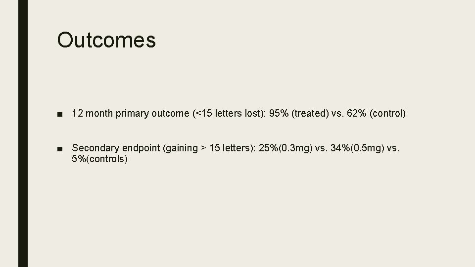Outcomes ■ 12 month primary outcome (<15 letters lost): 95% (treated) vs. 62% (control)