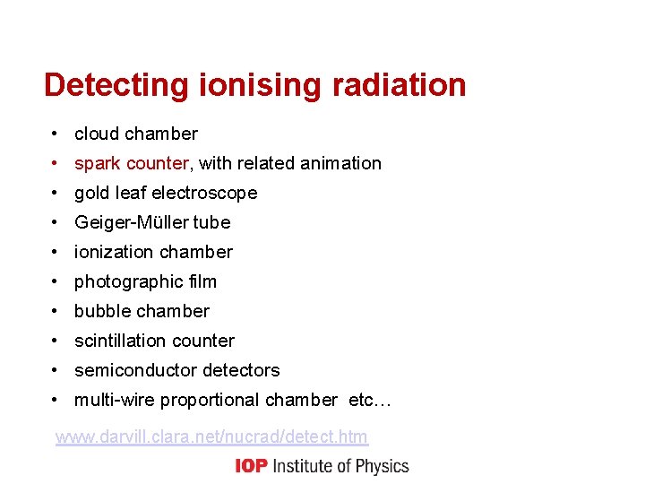 Detecting ionising radiation • cloud chamber • spark counter, with related animation • gold