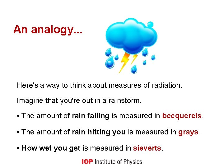 An analogy. . . Here's a way to think about measures of radiation: Imagine