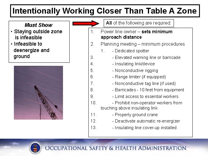 Intentionally Working Closer Than Table A Zone Must Show: • Staying outside zone is