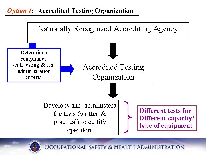 Option 1: Accredited Testing Organization Nationally Recognized Accrediting Agency Determines compliance with testing &