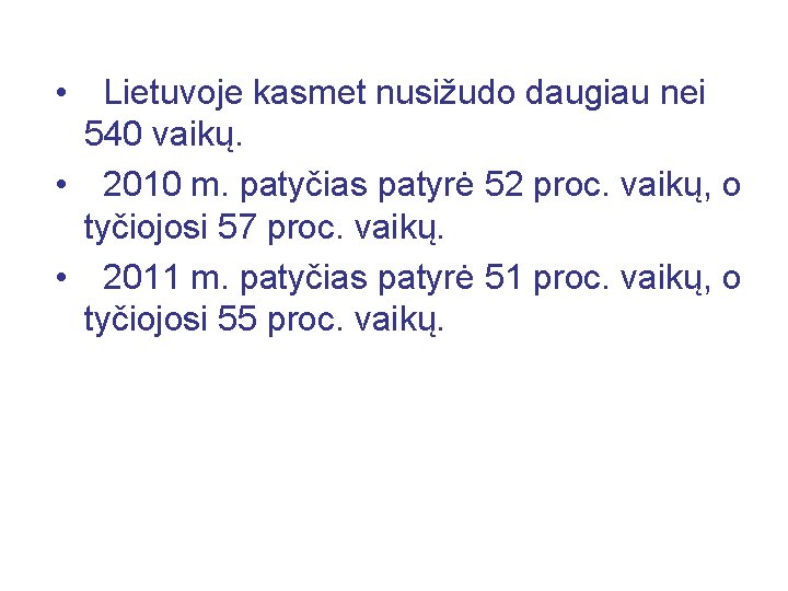  • Lietuvoje kasmet nusižudo daugiau nei 540 vaikų. • 2010 m. patyčias patyrė