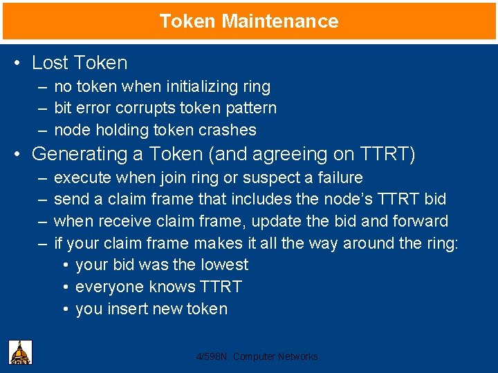 Token Maintenance • Lost Token – no token when initializing ring – bit error