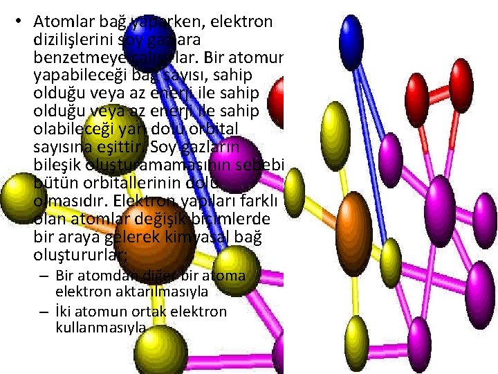  • Atomlar bağ yaparken, elektron dizilişlerini soy gazlara benzetmeye çalışırlar. Bir atomun yapabileceği