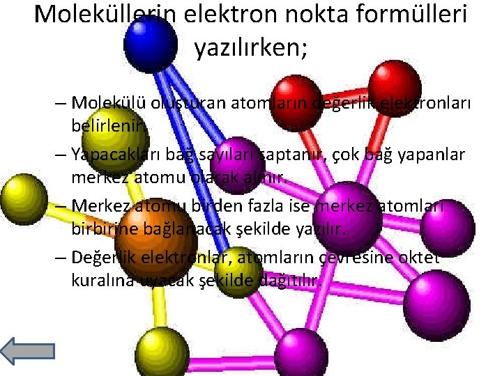 Moleküllerin elektron nokta formülleri yazılırken; – Molekülü oluşturan atomların değerlik elektronları belirlenir. – Yapacakları