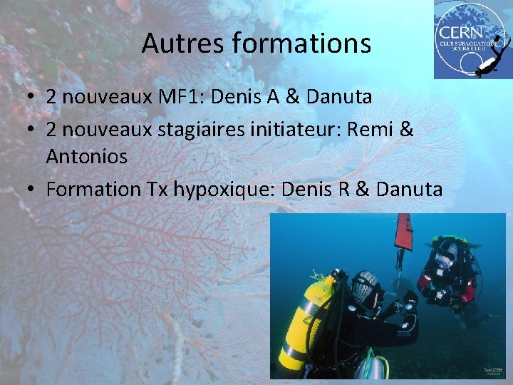 Autres formations • 2 nouveaux MF 1: Denis A & Danuta • 2 nouveaux