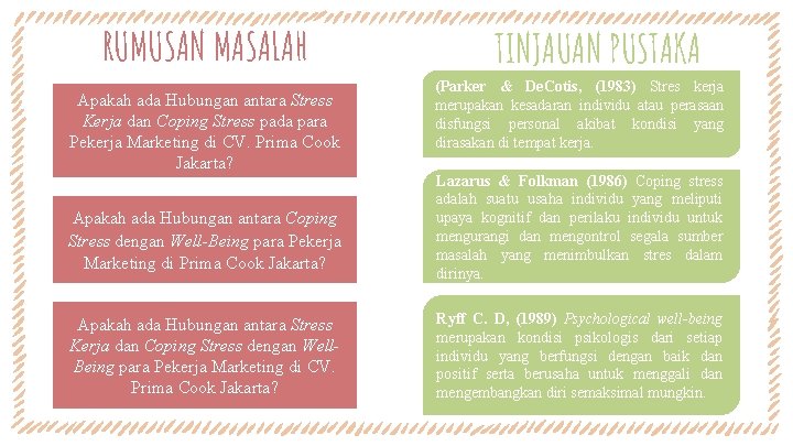 RUMUSAN MASALAH Apakah ada Hubungan antara Stress Kerja dan Coping Stress pada para Pekerja