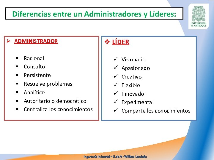 Diferencias entre un Administradores y Líderes: v LÍDER Ø ADMINISTRADOR § § § §