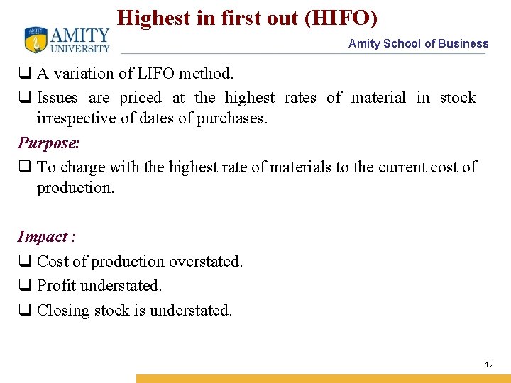 Highest in first out (HIFO) Amity School of Business q A variation of LIFO