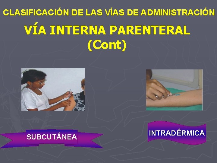 CLASIFICACIÓN DE LAS VÍAS DE ADMINISTRACIÓN VÍA INTERNA PARENTERAL (Cont) SUBCUTÁNEA INTRADÉRMICA 