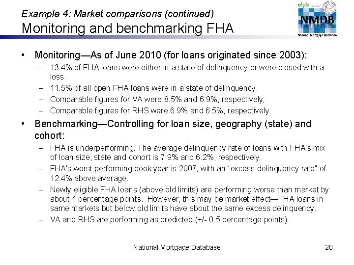 Example 4: Market comparisons (continued) Monitoring and benchmarking FHA • Monitoring—As of June 2010