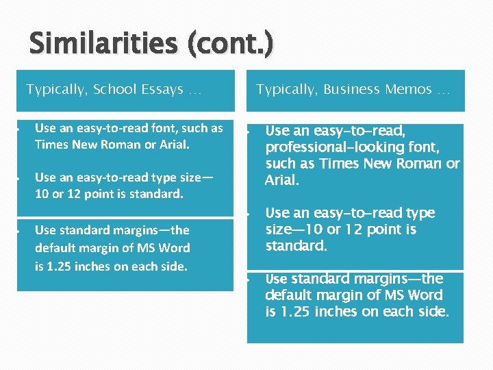 Similarities (cont. ) Typically, School Essays … Use an easy-to-read font, such as Times