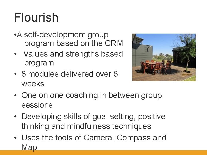 Flourish • A self-development group program based on the CRM • Values and strengths