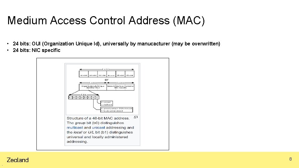 Medium Access Control Address (MAC) • 24 bits: OUI (Organization Unique Id), universally by