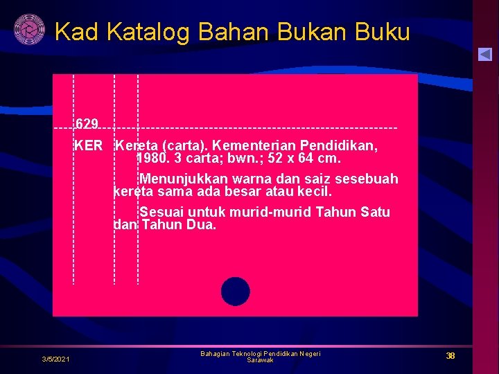 Kad Katalog Bahan Buku 629 KER Kereta (carta). Kementerian Pendidikan, 1980. 3 carta; bwn.